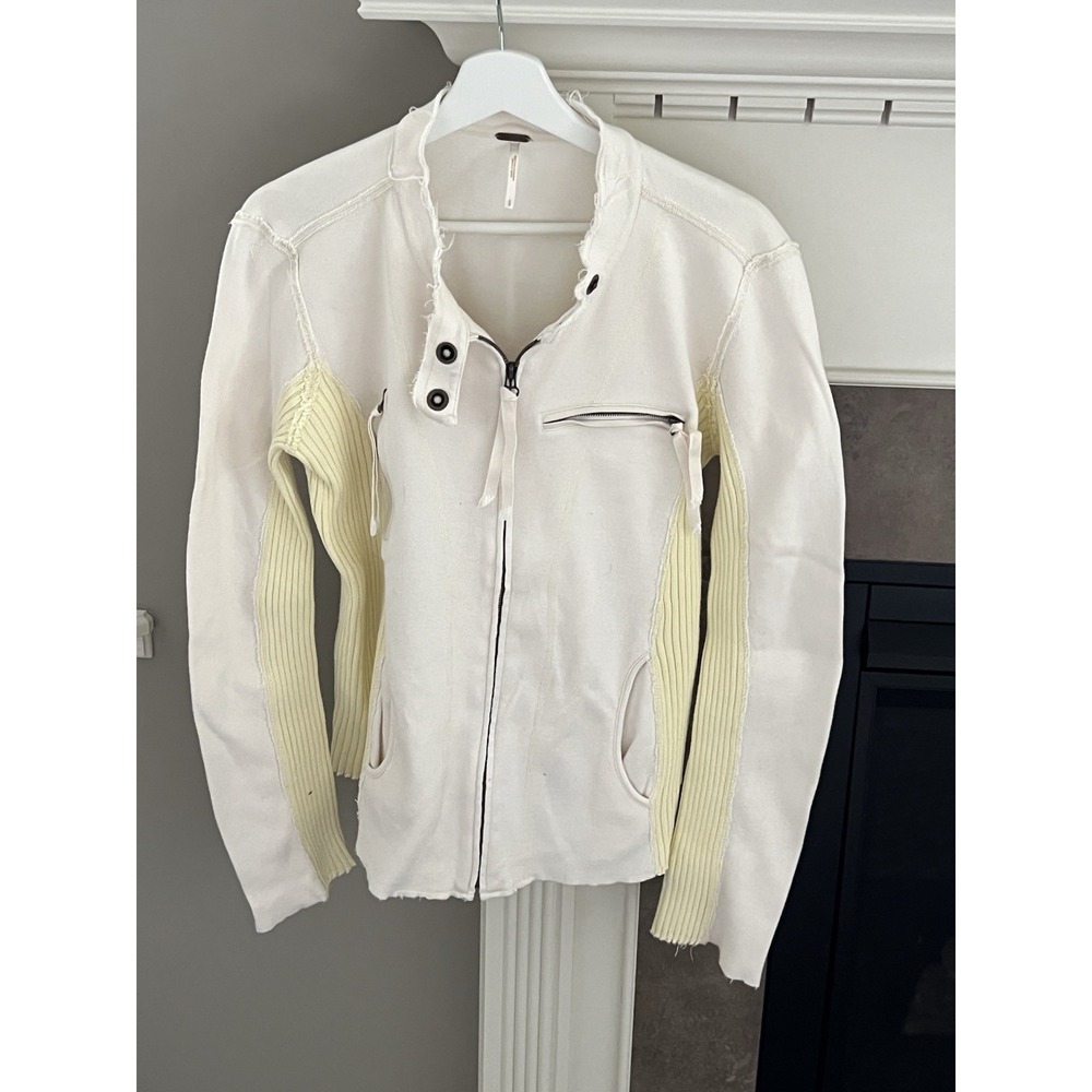 Free People Women's Cream Yellow Moto Jacket Size L 100% Cotton